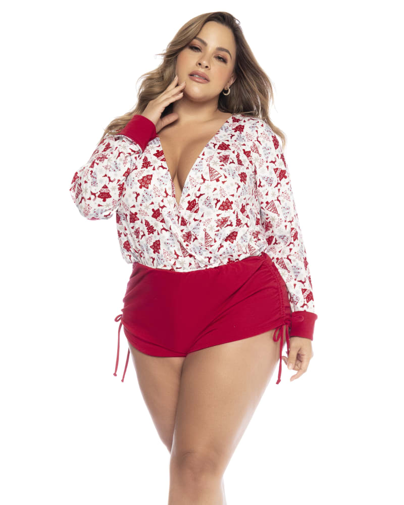Front of a model wearing a size L/XL Long Sleeve Sleep Romper in Holiday Print by Mapale. | dia_product_style_image_id:317162